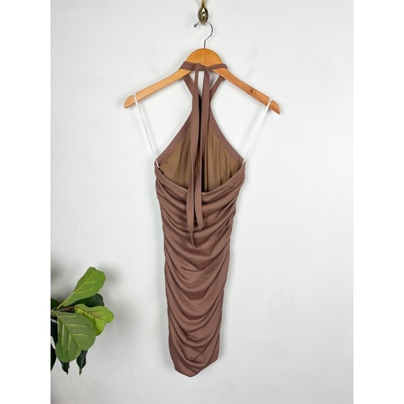 RUMOR Brown Ruched Ribbed Halter Mini Dress Sz 10 - Picture 2 of 7